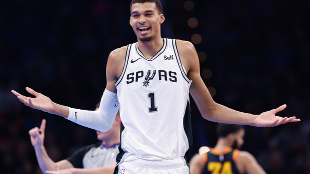 Nov 14, 2023; Oklahoma City, Oklahoma, USA; San Antonio Spurs center Victor Wembanyama (1) reacts after receiving a technical during the second quarter against the Oklahoma City Thunder at Paycom Center.